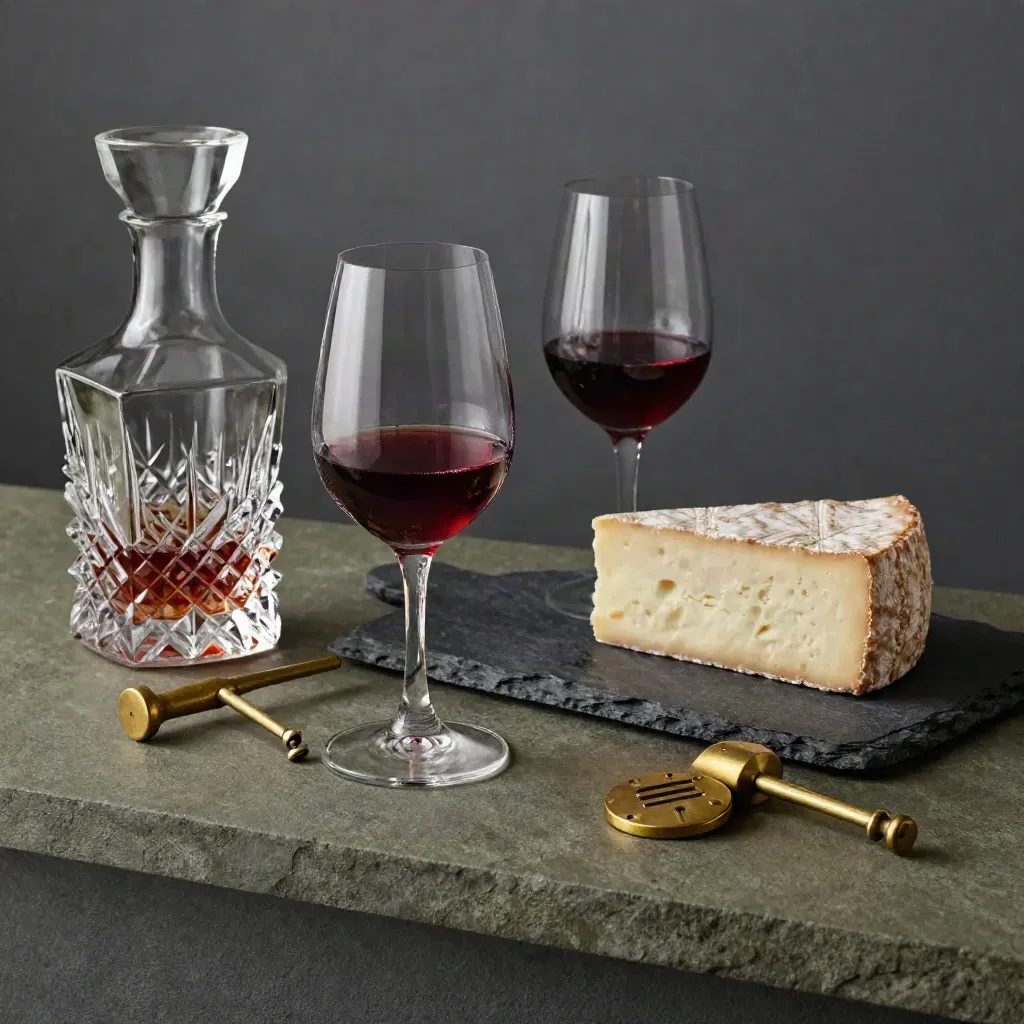 Wine pairing still life with decanter, stem glasses, slate cheese board, corkscrew, and brass token.