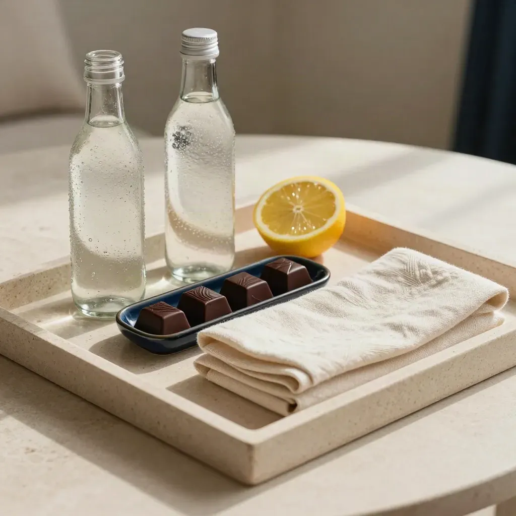 Luxury welcome tray with water, citrus, chocolates, and folded linen towel on pale stone.