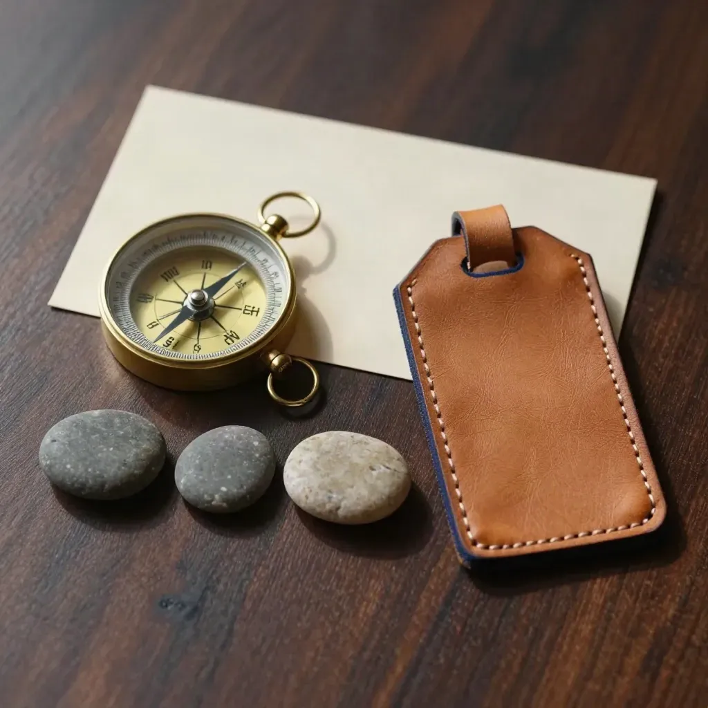 Brass compass, river pebbles and leather tag on dark walnut wood in soft side light.