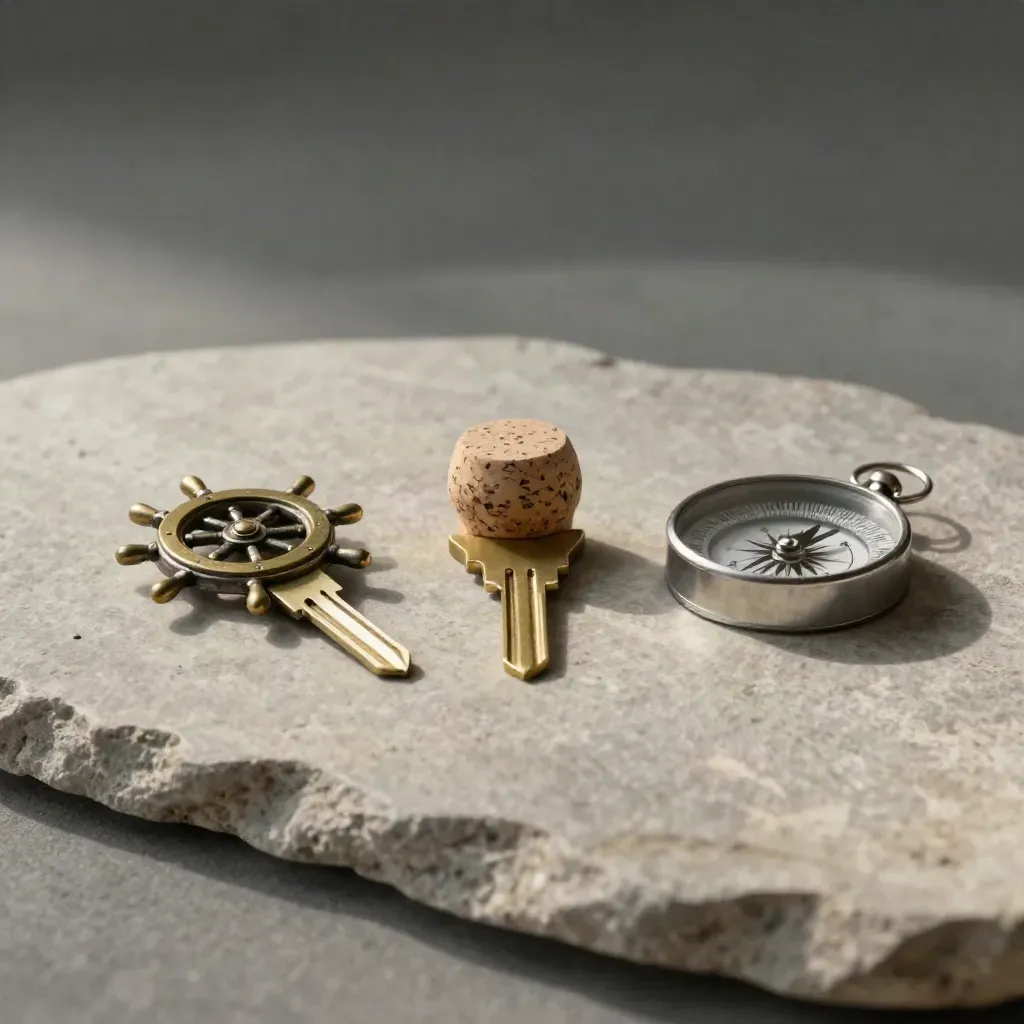 Cabin key token, ship wheel charm, cork and compass arranged on stone.