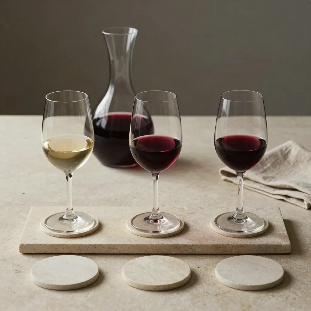 Three wine glasses, decanter and stone coasters on linen tray in soft side light.