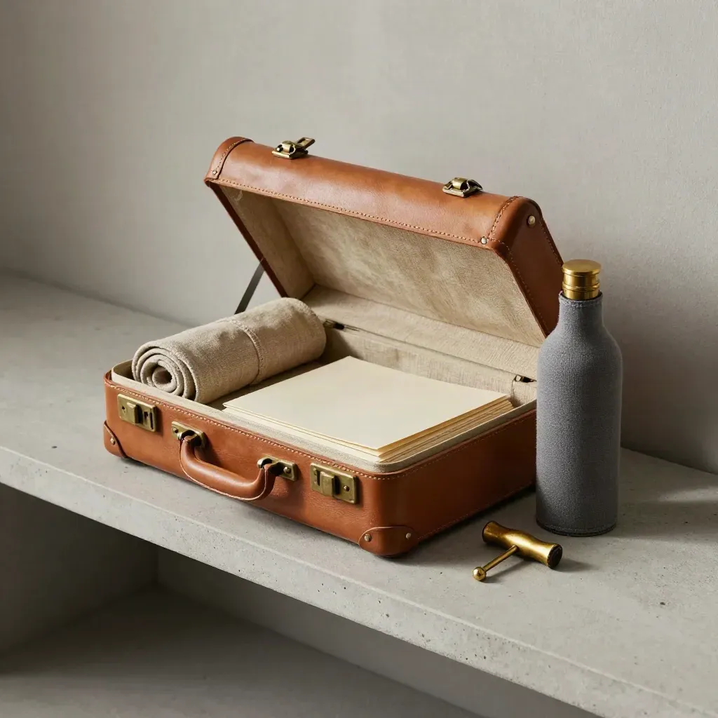 Open suitcase packed for a wine cruise with linen, sleeve, corkscrew, and bottle case.