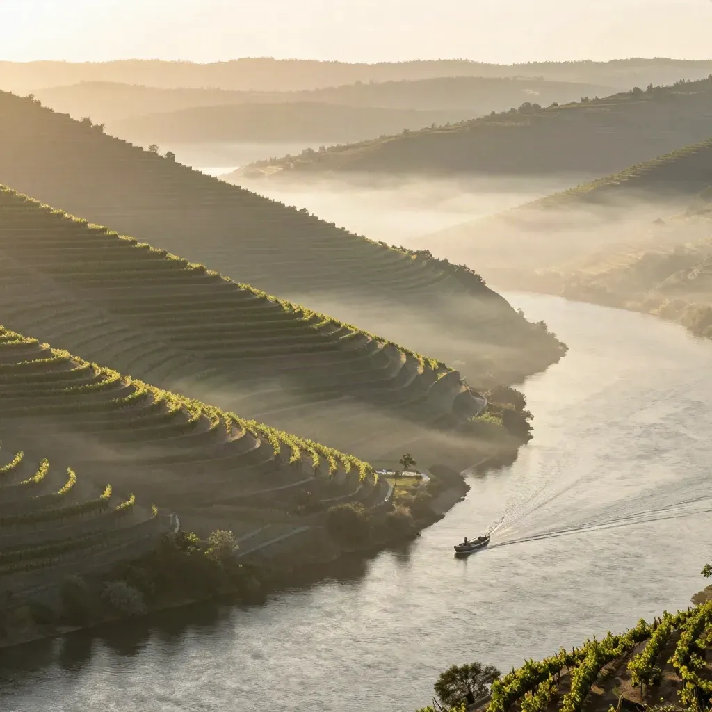 Douro Valley sunrise with terraced vineyards, a small boat, and misty hills