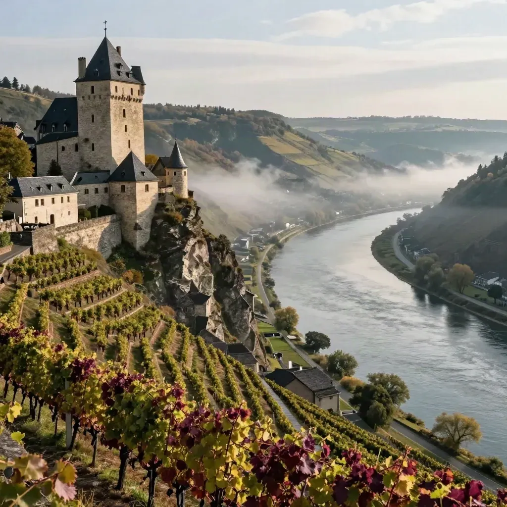 Cliff castle above terraced Rhine vineyards with a misty river bend below.