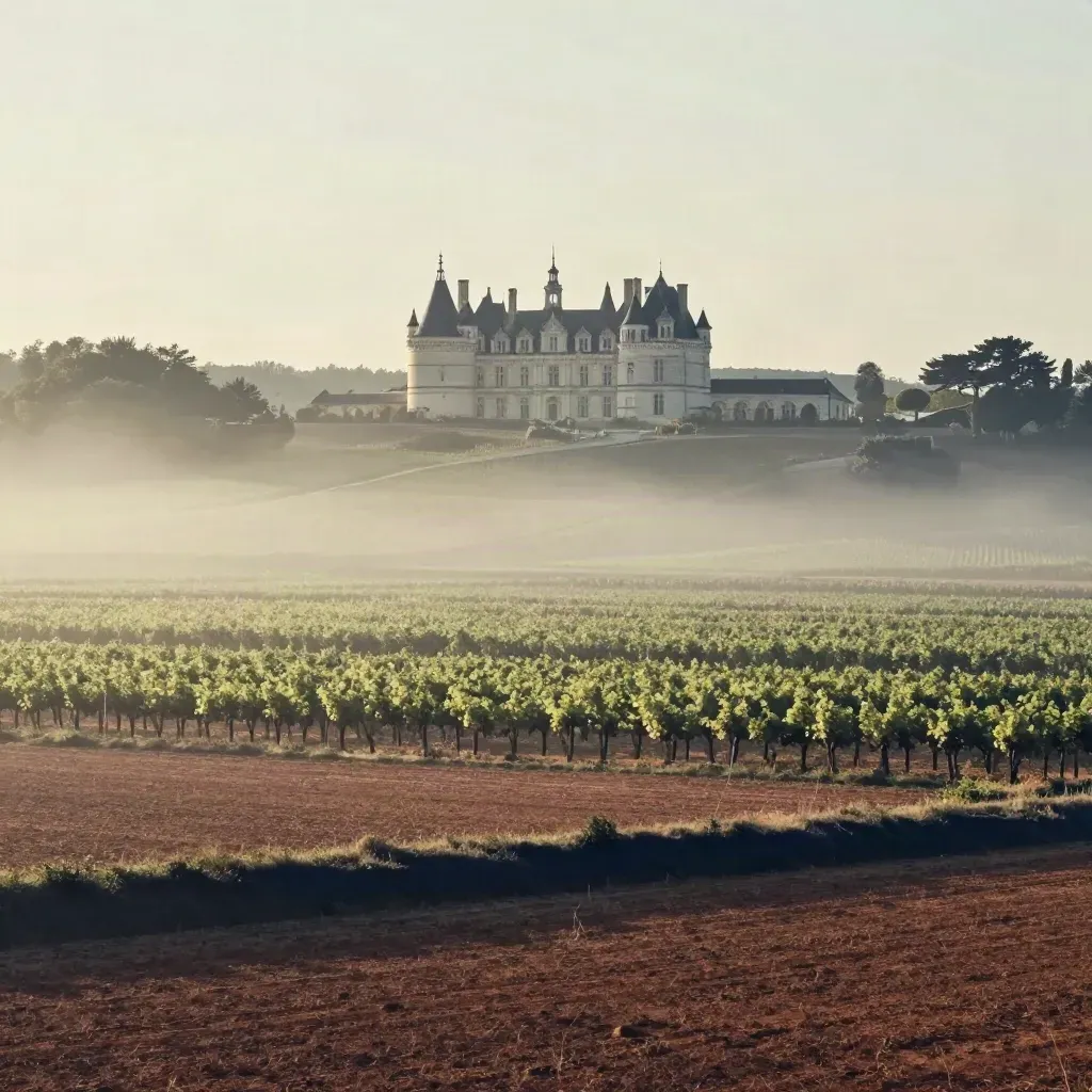 Misty Bordeaux vineyards with pale limestone chateaux on the horizon at dawn