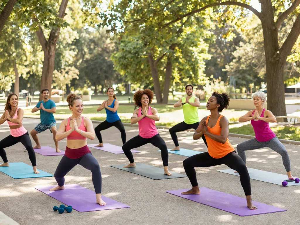 Group fitness session outdoors highlighting the benefits of survo peptide through exercise.