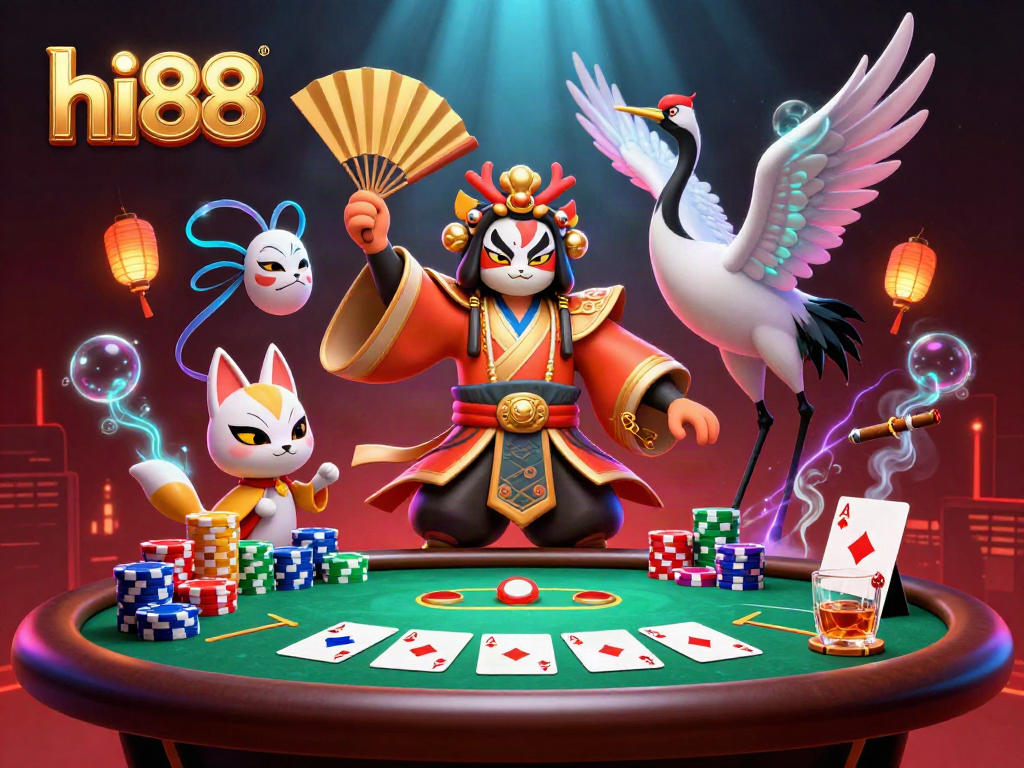 hi88 engages players with a vibrant poker scene featuring kabuki warrior characters and colorful chips.