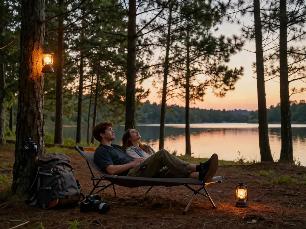 Couple enjoying nature on a portable bed while camping.