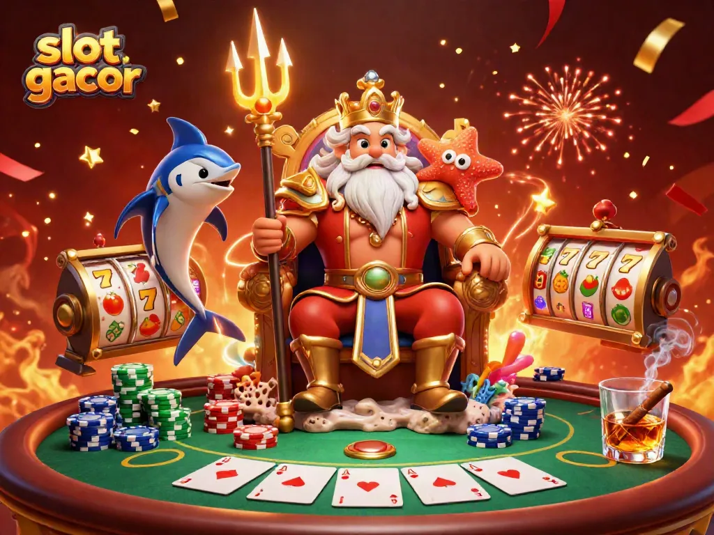 Experience slot gacor excitement with this vibrant 3D casino illustration featuring Neptune, samurai, and rich game elements.