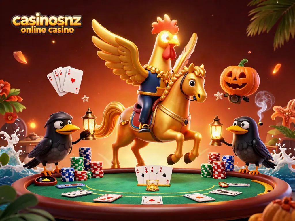 Experience the thrill of casinosnz online casino with a vibrant, enchanting 3D illustration of a golden rooster and friends in a magical casino atmosphere.