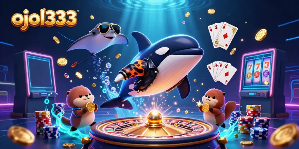 Experience the thrill of ojol333 with a playful whale, stingray, and otters in this vibrant casino scene.
