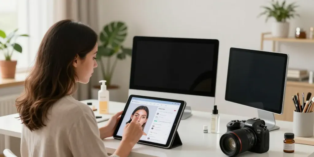 Exploring alternatives to QOVES with personalized beauty analysis in a serene workspace.