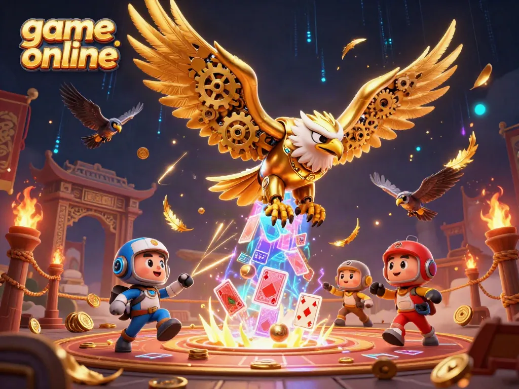 Engage in thrilling game online with cybernetic eagle amidst vibrant casino elements.