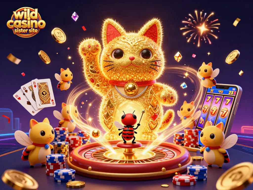 Experience the thrilling vibes of a wild casino sister site with an enchanting lucky cat and sparkling gems.