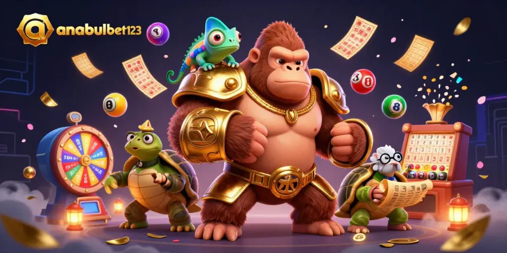 Gorila raja dalam armor emas dan teman chameleon colorful, merayakan kesuksesan di anabulbet123.