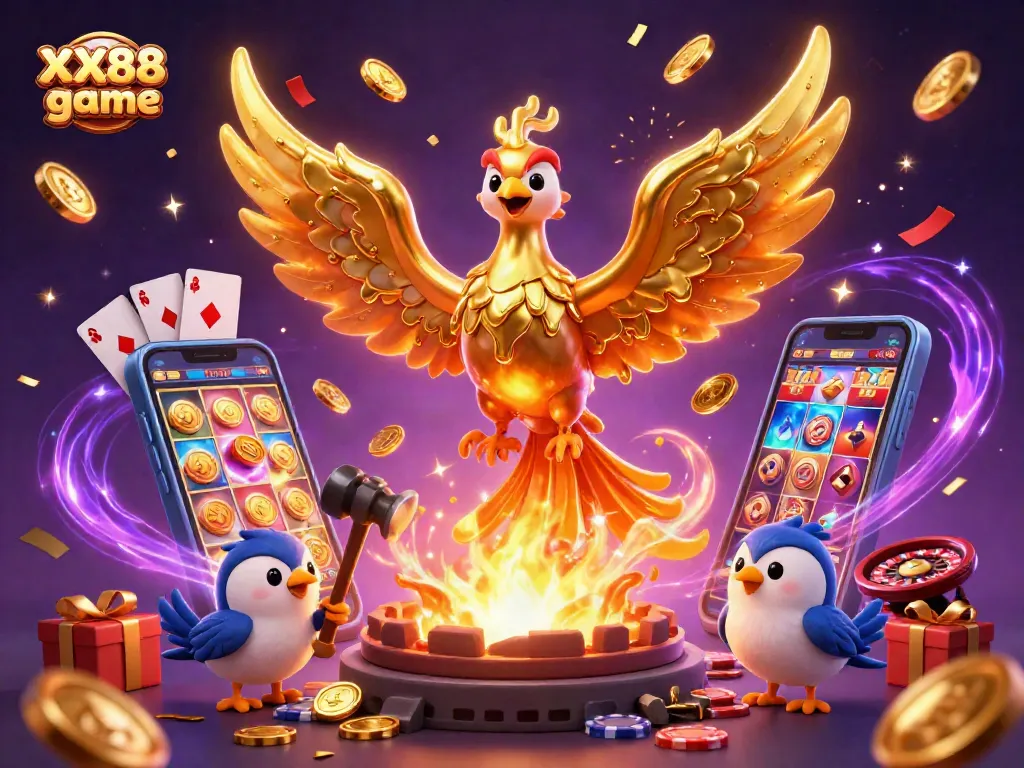Experience the exciting XX88 game with vibrant casino-themed elements and dynamic golden phoenix illustration.