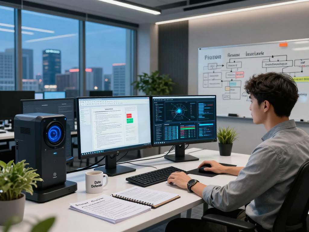 Advanced document fraud detection solution being analyzed in a modern cybersecurity workspace with multiple tech screens.