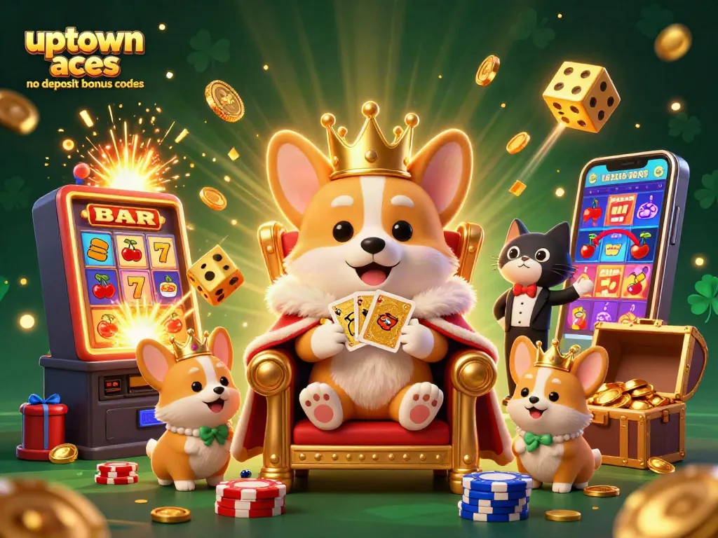 Experience the excitement of uptown aces no deposit bonus codes with a royal corgi theme in a vibrant casino scene.