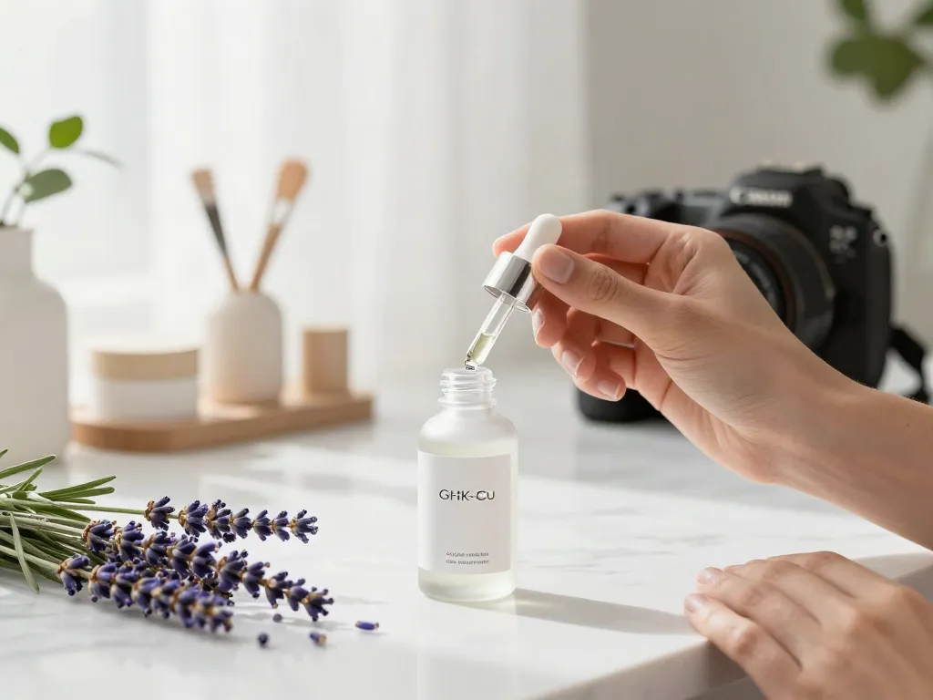 Applying copper peptide GHK-Cu serum in a bright beauty studio with natural light.