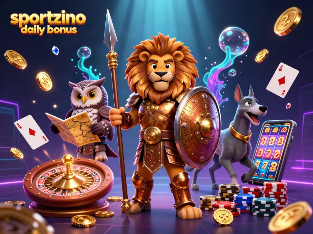 Claim your sportzino daily bonus with gold coins and Sweeps Coins in a vibrant casino scene.