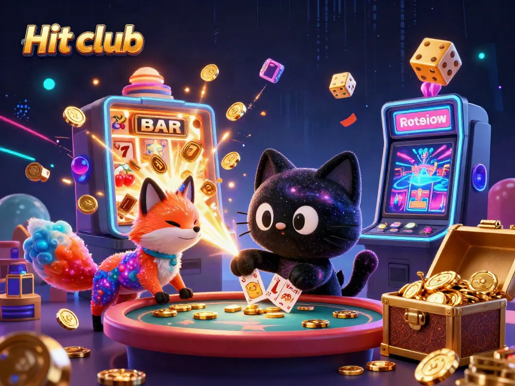 Experience the excitement at Hit club, featuring an energetic cosmic scene with a black hole cat and colorful elements.