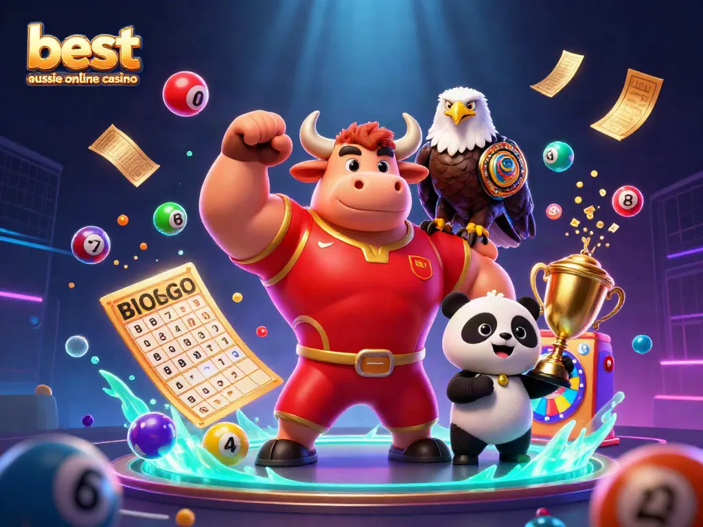 Celebrate wins at best aussie online casino with a victorious bull mascot, eagle, and panda amidst dynamic game elements.