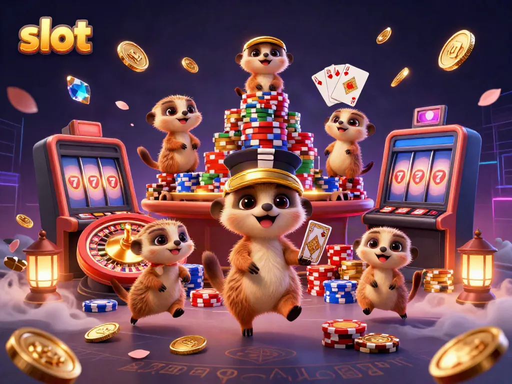 Experience dynamic slot gaming action with meerkats in a vibrant casino setting filled with coins and cards.