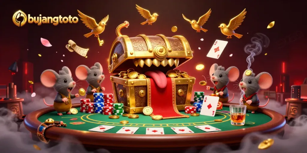 Engage with bujangtoto's vibrant 3D treasure chest scene featuring poker elements and rich prizes.