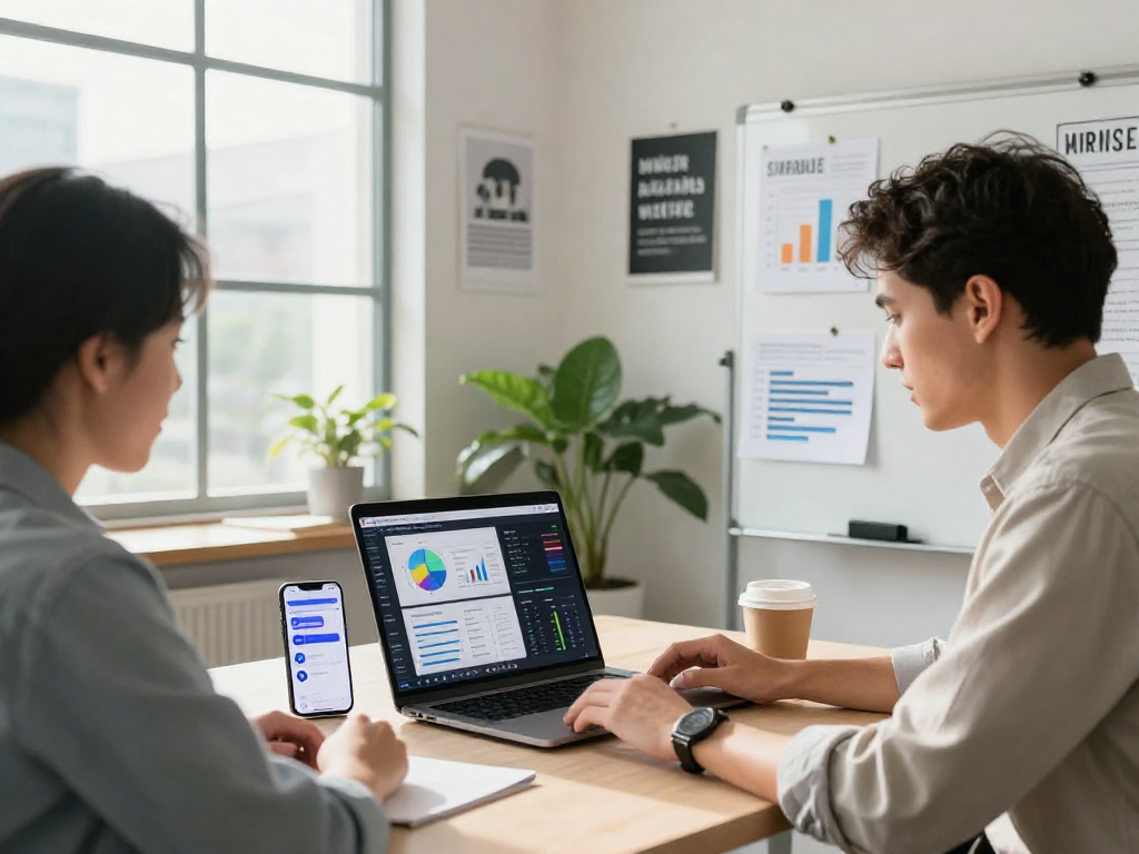 Buy android installs in a modern office scene with app metrics displayed on laptop.