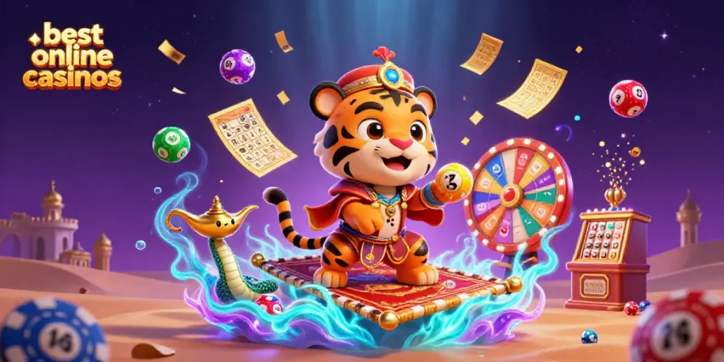 Experience the excitement at the best online casinos with a vibrant 3D illustration of a tiger sultan and colorful casino elements.