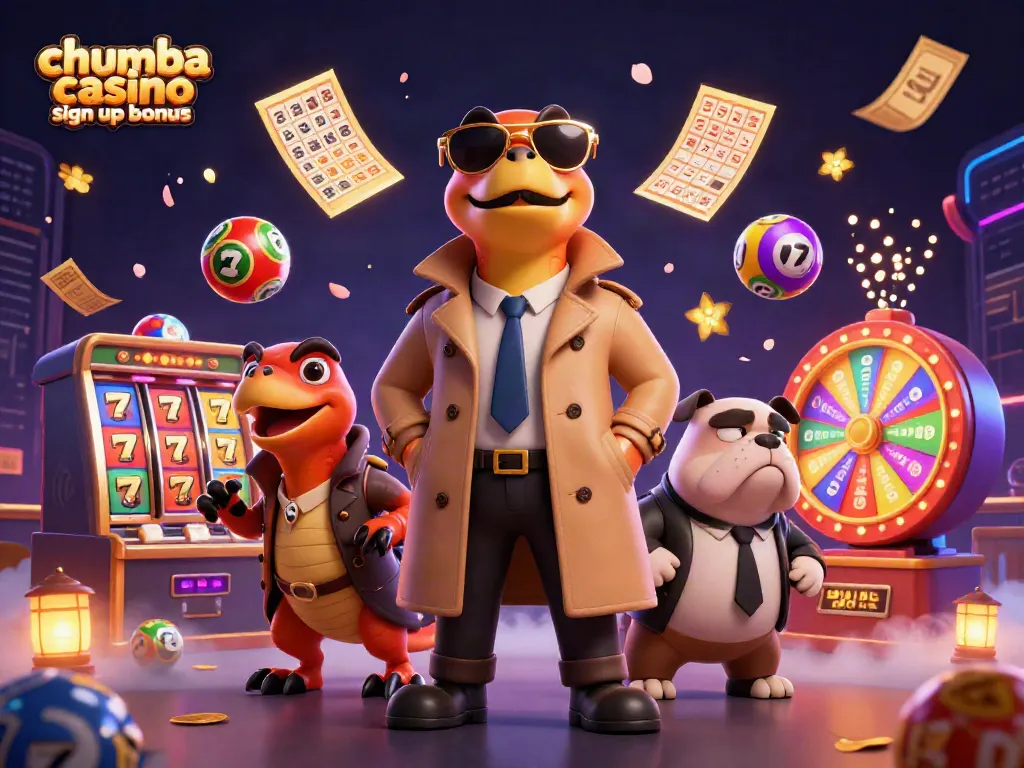 Engage with the generous chumba casino sign up bonus illustrated by three raptors in a trench coat entering a VIP lounge.