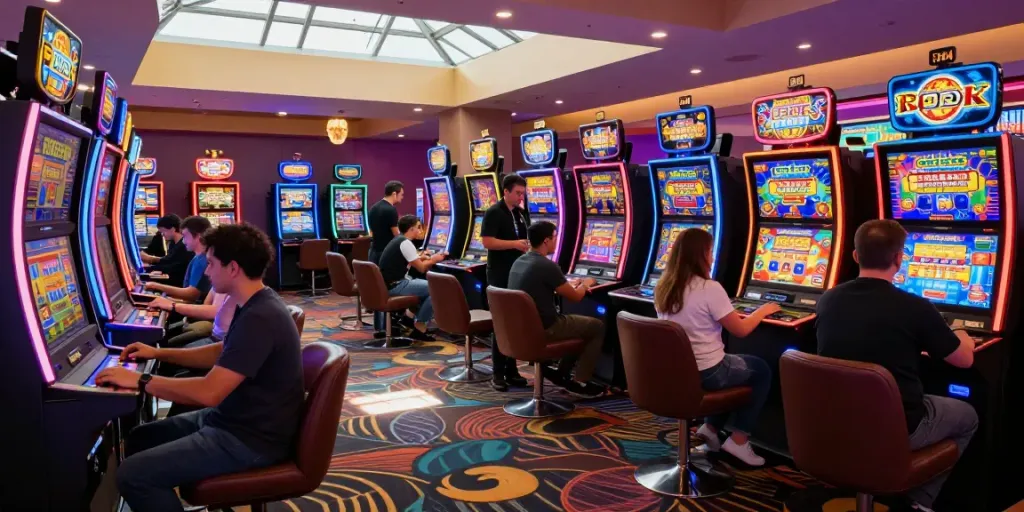 Players engaging with PG SLOT machines in a vibrant casino setting, full of excitement and energy.
