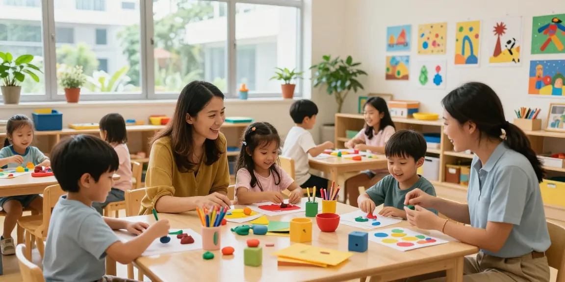 Reggio Emilia Preschool Singapore with children engaged in hands-on learning activities in a colorful classroom.