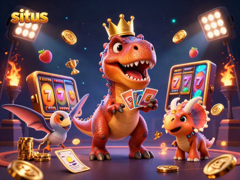 Dynamic slots scene with a T-Rex and pterodactyl, featuring spinning reels and gold coins, showcasing situs allure.