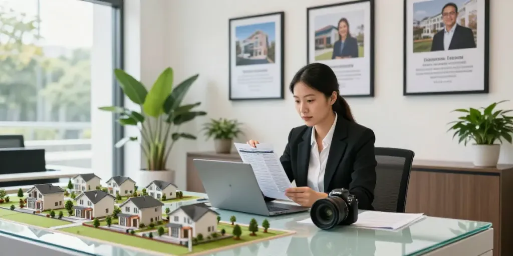 AI content generation for real estate businesses showcased with a professional agent analyzing listings in a modern office.