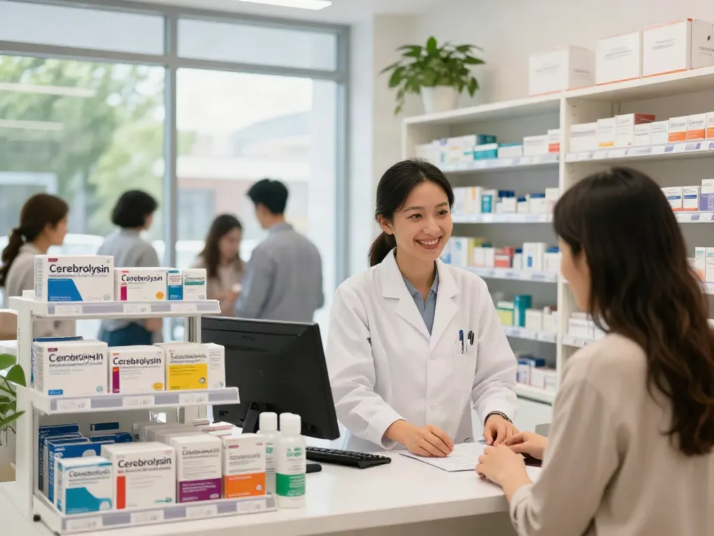 Buy Cerebrolysin online in a welcoming pharmacy setting with a pharmacist assisting customers.