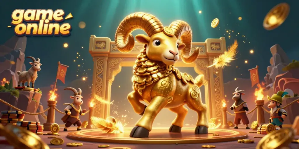 Play exciting game online with a golden ram mascot charging through a vibrant casino arena.
