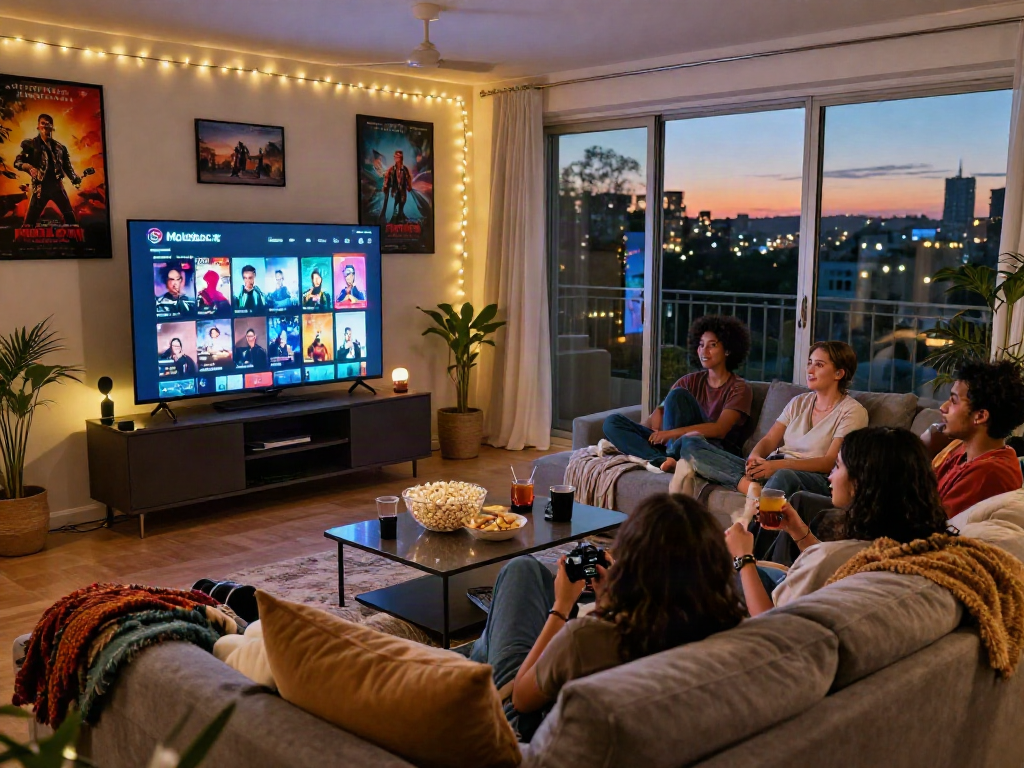 Friends enjoying Moviebox apk movie night in a cozy living room.