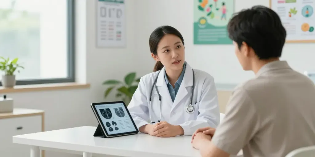 Prostate cancer treatment UAE: Doctor discusses advanced treatment options in a calm healthcare setting.