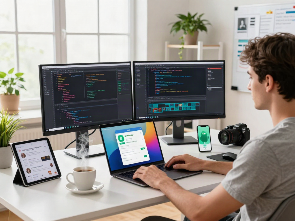 Developer working on gbwhatsapp app interface in a bright home office setting.