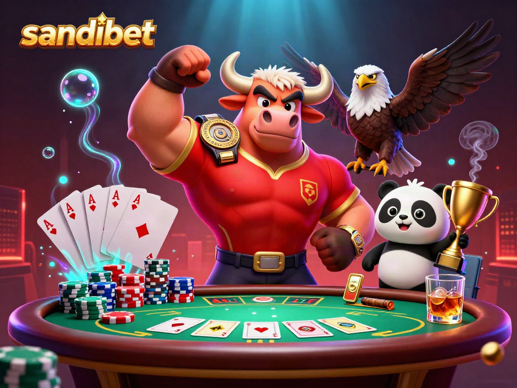 Experience exciting poker action with sandibet and playful characters in a vibrant casino scene.
