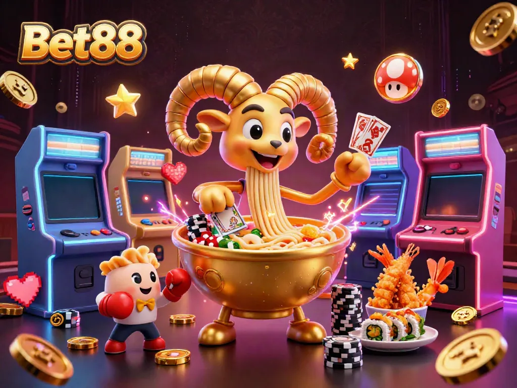 Trải nghiệm Bet88 qua hình ảnh 3D đa màu sắc với các yếu tố cá cược hấp dẫn.
