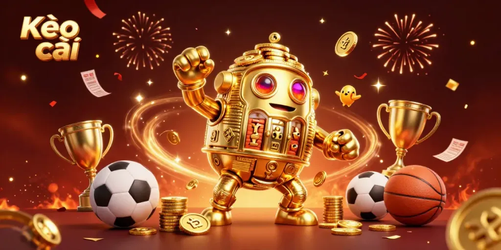 Experience the thrilling world of Kèo nhà cái with dynamic sports betting elements and a stunning golden golem.