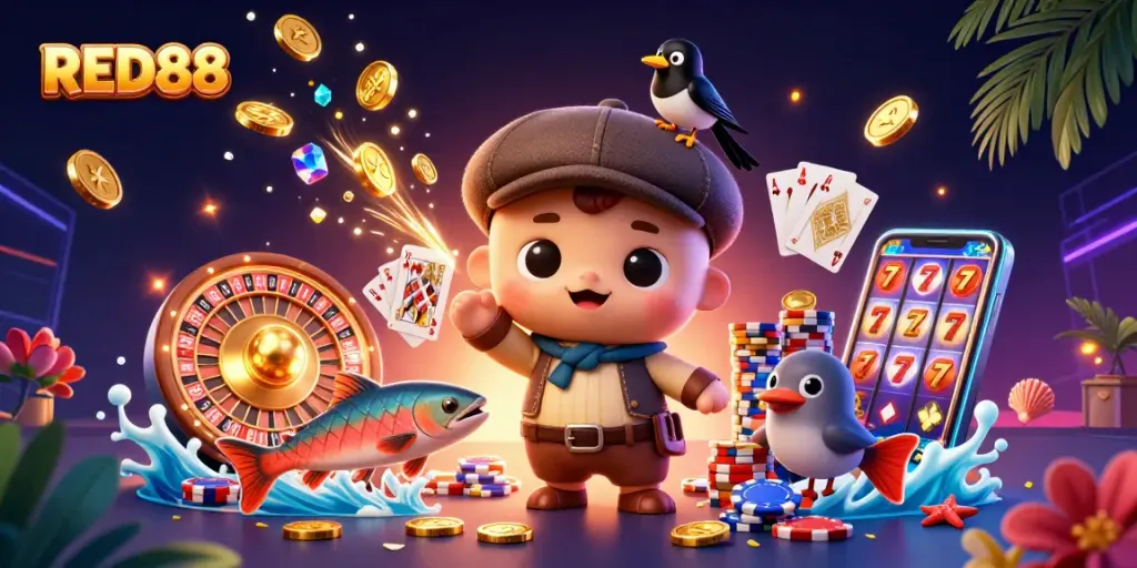 Spin and win with RED88's vibrant casino experience featuring playful characters and dazzling elements.