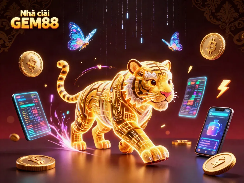 Experience thrilling adventures at Nhà cái GEM88 with vibrant gaming elements and detailed digital illustration.