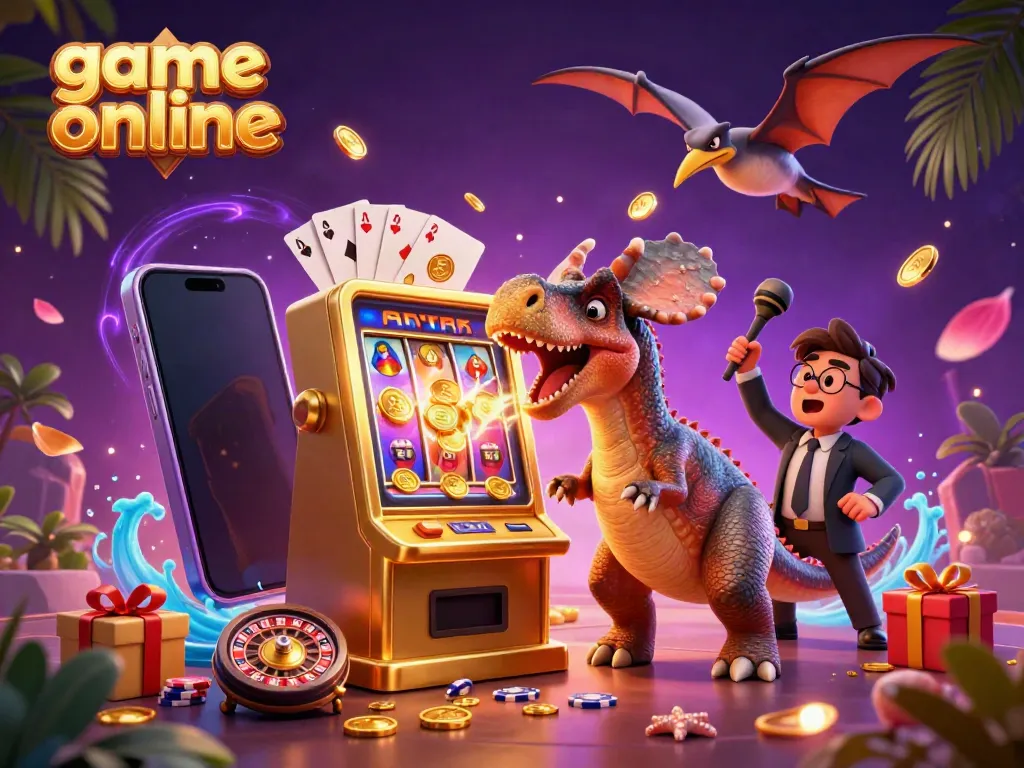 Experience game online excitement as a cartoon dinosaur triggers a slot machine jackpot amidst flying coins.