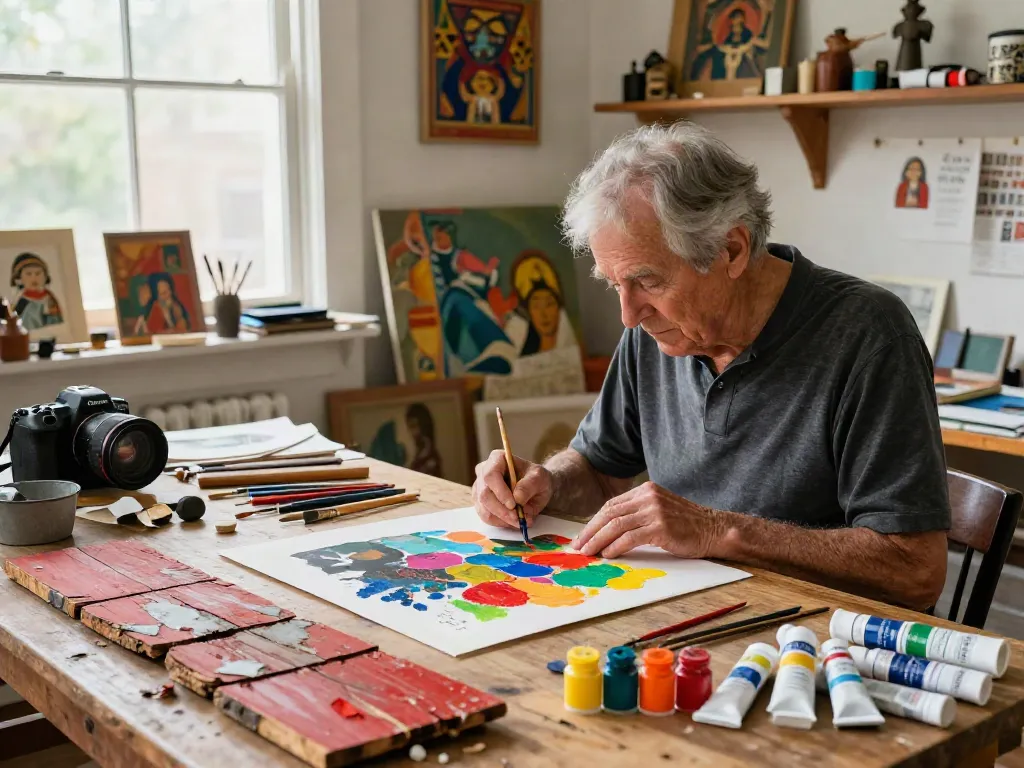 Bruce Bailey Toronto creating artwork with decoupage on cedar shingles and vibrant colors in his studio.