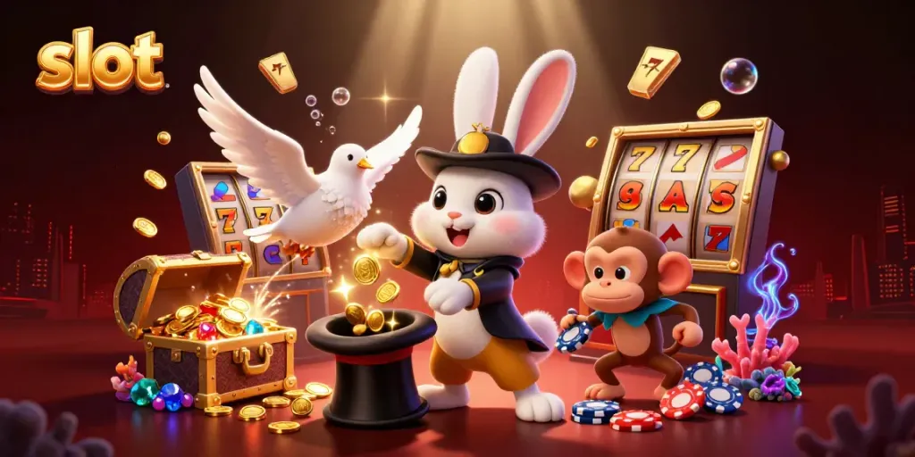 Engage with exhilarating slot gaming visuals featuring a magician rabbit, a dove, and a playful monkey.