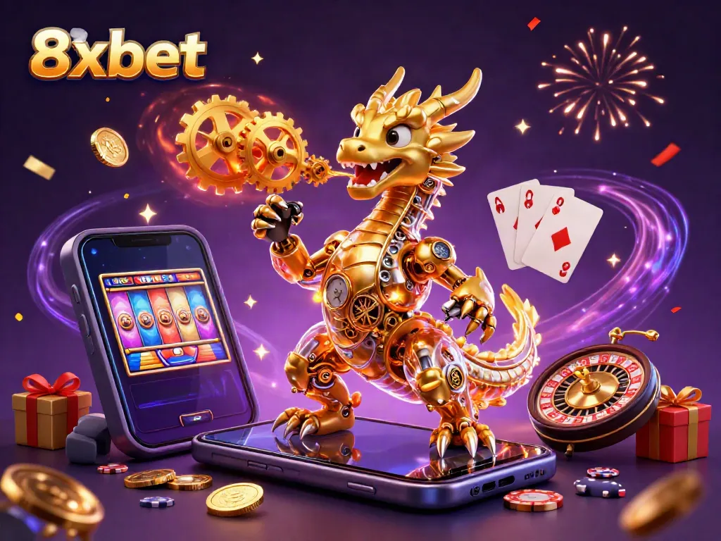 Experience the thrill of 8xbet with a stunning golden dragon amidst casino excitement, showcasing a captivating gaming scene.