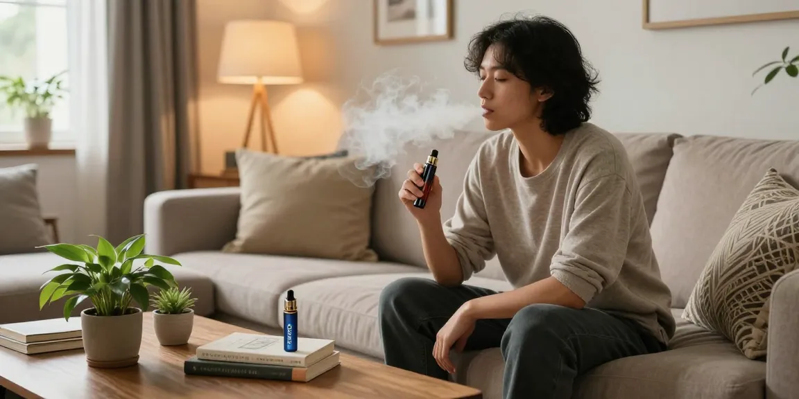 Person using cbd vapes in a cozy living room, promoting relaxation and wellness